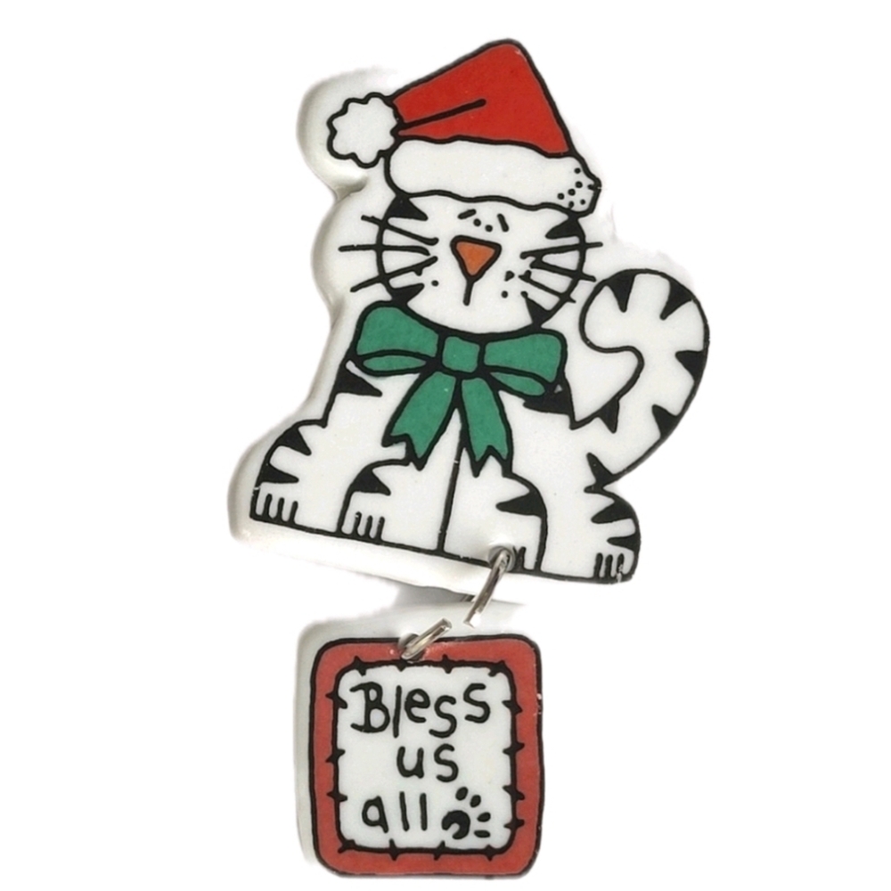 Vintage White Cat Kitty Christmas Bless Us All Porcelain Brooch Pin